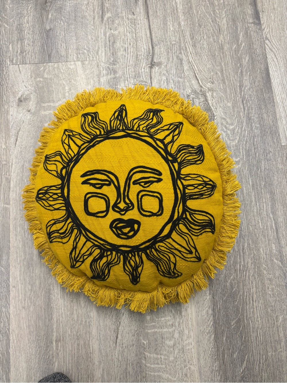 Yellow Sun Face Round Decorative Wall Pillow - Boho Sunburst Accent